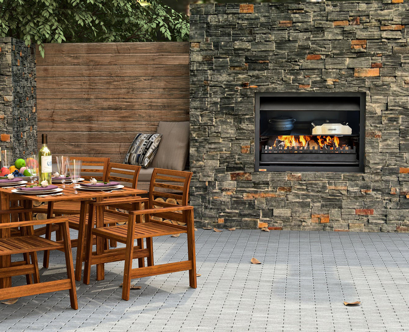 Jetmaster Horizon Quadro 1050 outdoor wood fireplace with sleek black design and large glass viewing window.