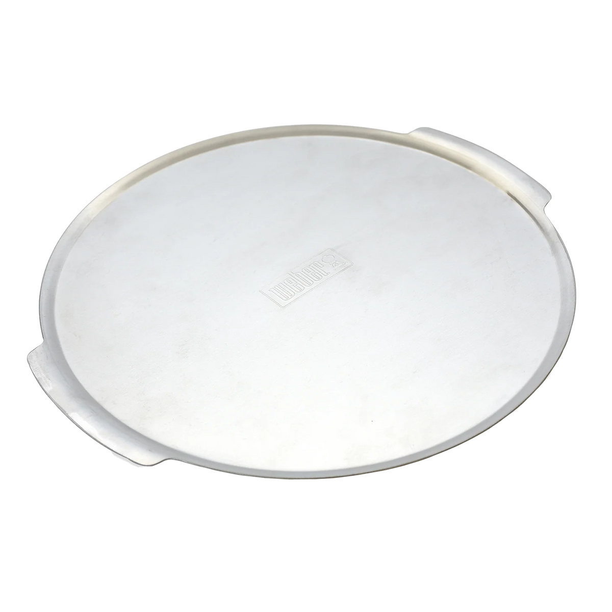Weber Easy-Serve large pizza tray, 36.5cm, showcasing a round pizza with crispy crust on a black Weber tray.