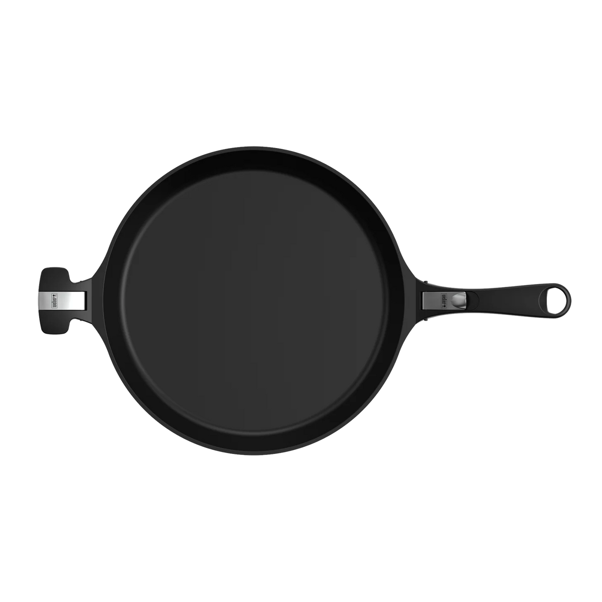 Large Weber Ware round frying pan with a non-stick surface, black handle, and sturdy construction for versatile cooking.