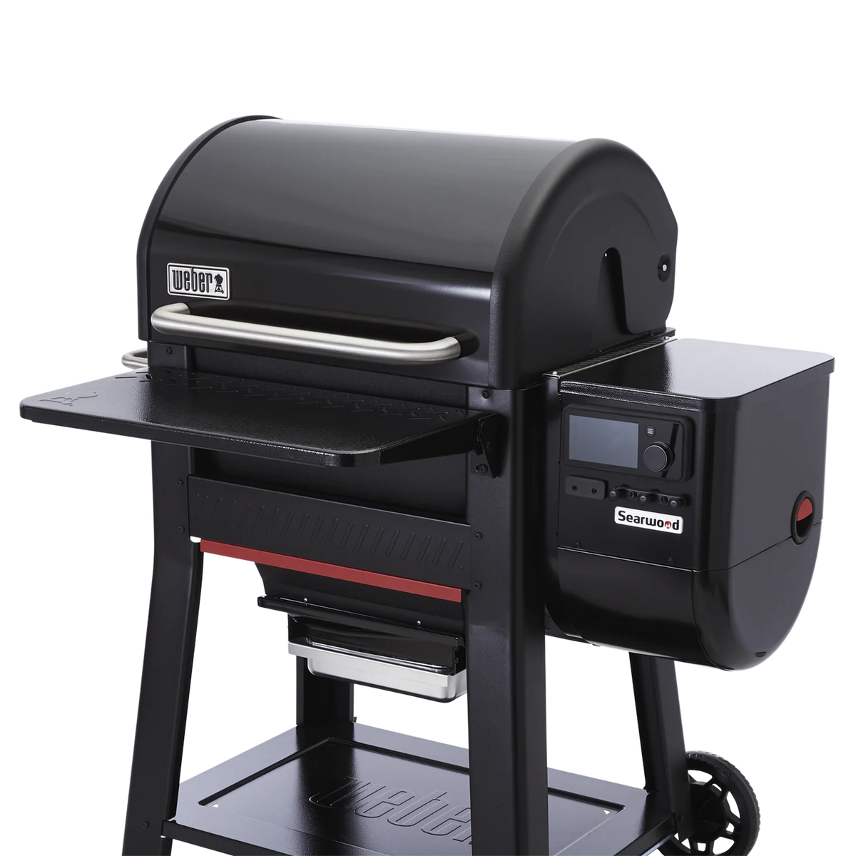 Weber Pellet Folding Front Table Small mounted on a grill, showcasing a sturdy, compact accessory for grilling convenience.