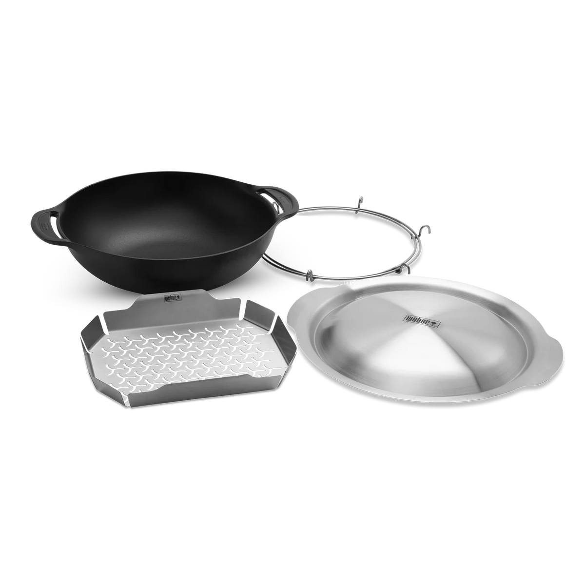 Weber Crafted wok and steaming rack set for versatile cooking, featuring durable stainless steel design and practical accessories.