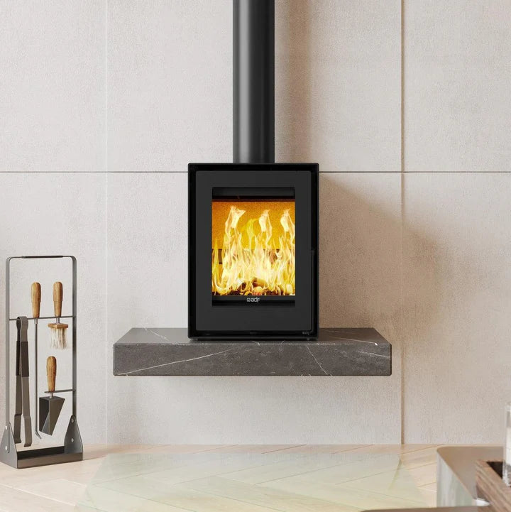 ADF Millenium B wood fireplace heater with heat shield, showcasing the body design and safety features of this wood-burning fireplace.