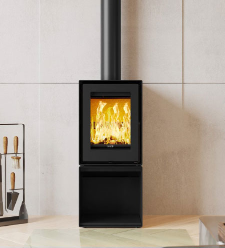 ADF Millenium L37 wood freestanding fireplace with log storage base and ventilation kit, featuring a heat shield option.