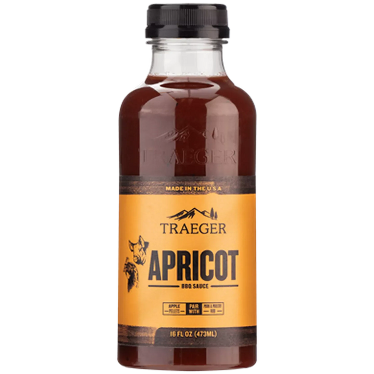 Apricot BBQ sauce bottle from Traeger, 473 ml, a flavorful rub and seasoning for grilling and smoking.