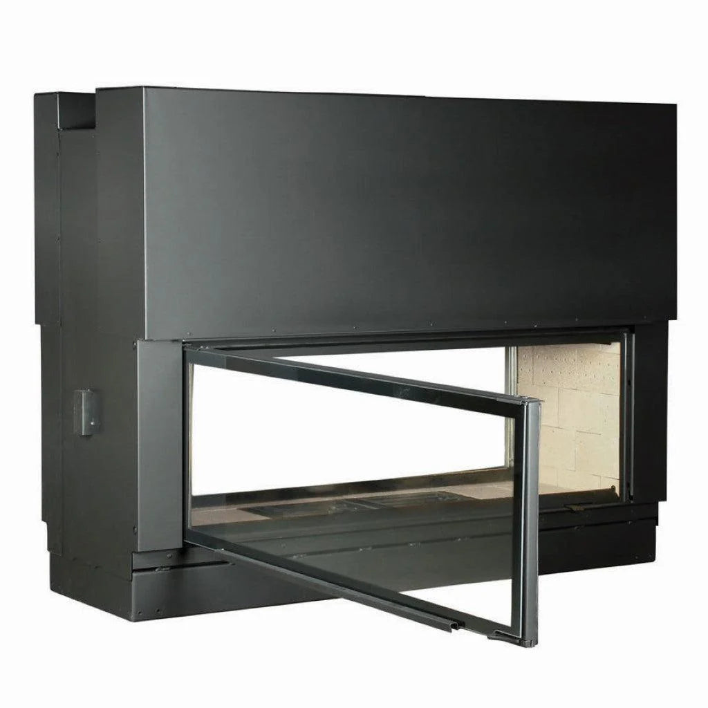Axis H1600 DS double-sided wood fireplace with panoramic view and lift-swing door, ideal for modern home heating and design.