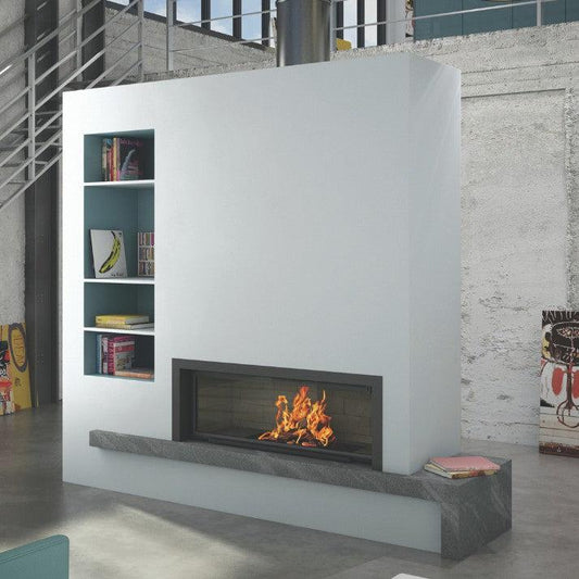 Axis H1600 single-sided panoramic wood fireplace with lift and swing door, showcasing the inbuilt firebox design.