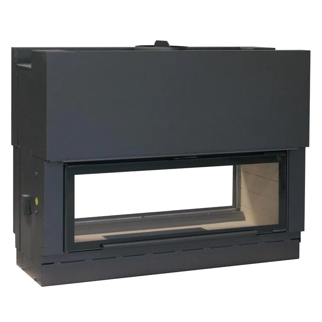 Axis H1600 XXL DS double-sided wood fireplace with panoramic view, lift and swing door, inbuilt design for stylish heating.