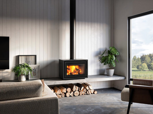 Regency Bondi F220B wood fireplace showcasing a modern, sleek design with a glass front and warm interior for cozy heating.
