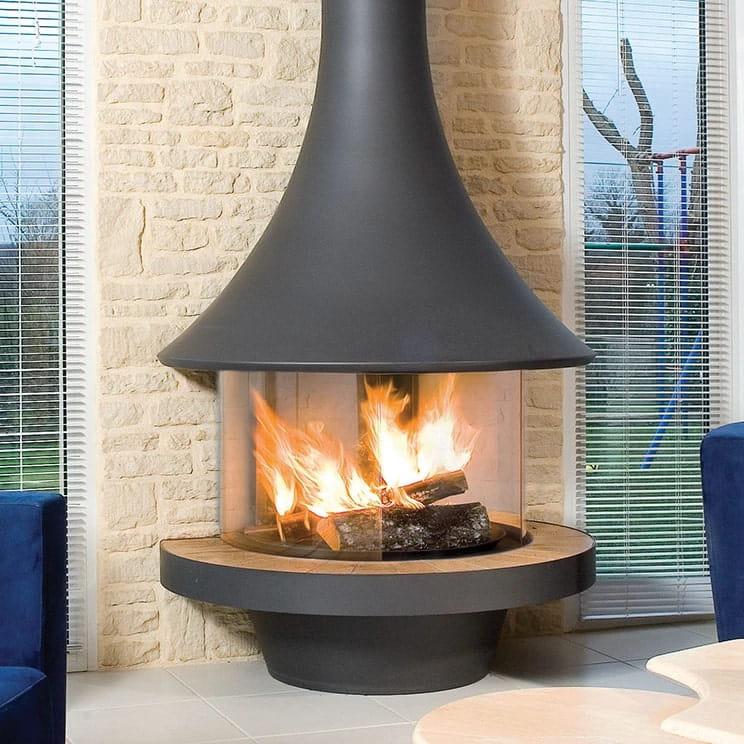 Bordelet Eva 992 wall-mounted wood fireplace with black metal finish and grey brick interior, designed for modern heating.