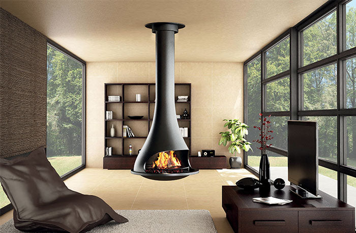 Bordelet Tatiana 997 central gas fireplace in black and grey with a sleek, modern design and sculpted metal finish.