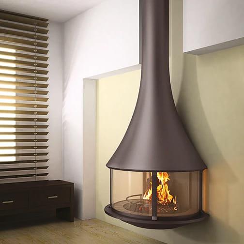 Black metal Bordelet Zelia 908 wall-mounted wood fireplace with a sleek, modern design and brick finish.