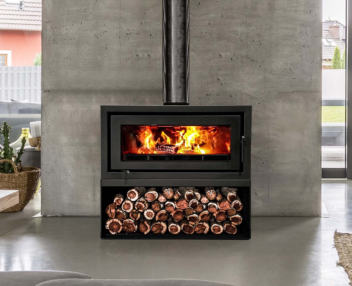 Kemlan Celestial 900 freestanding wood fireplace with Meridian base, showcasing a modern design and spacious fire chamber.