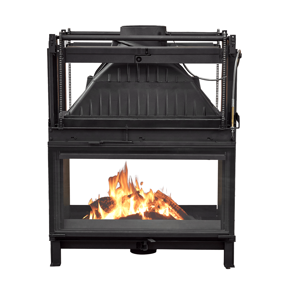 Cheminees Philippe 1001DF wood fireplace with dual opening door, designed to heat up to 280 sqm.