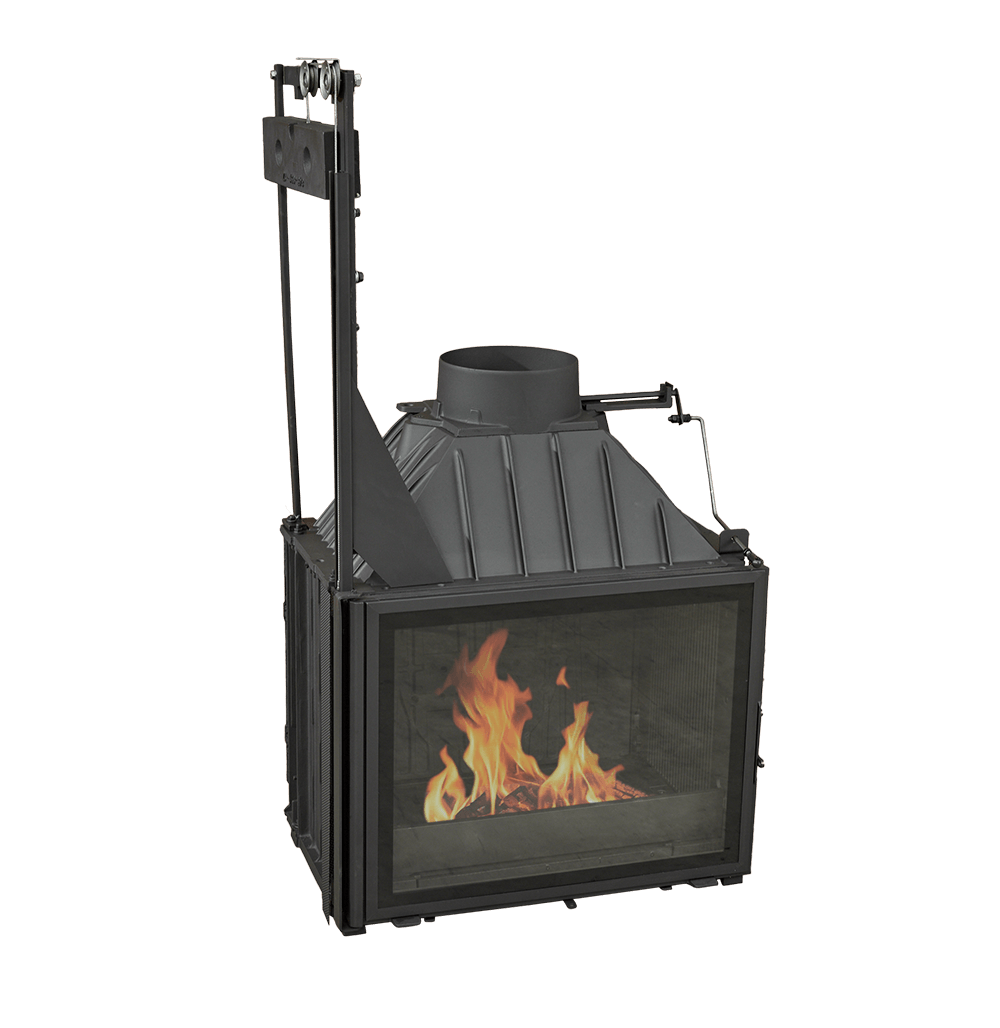 Cheminees Philippe 747 wood fireplace with dual opening door, designed to heat up to 280 sqm, featuring modern black finish.