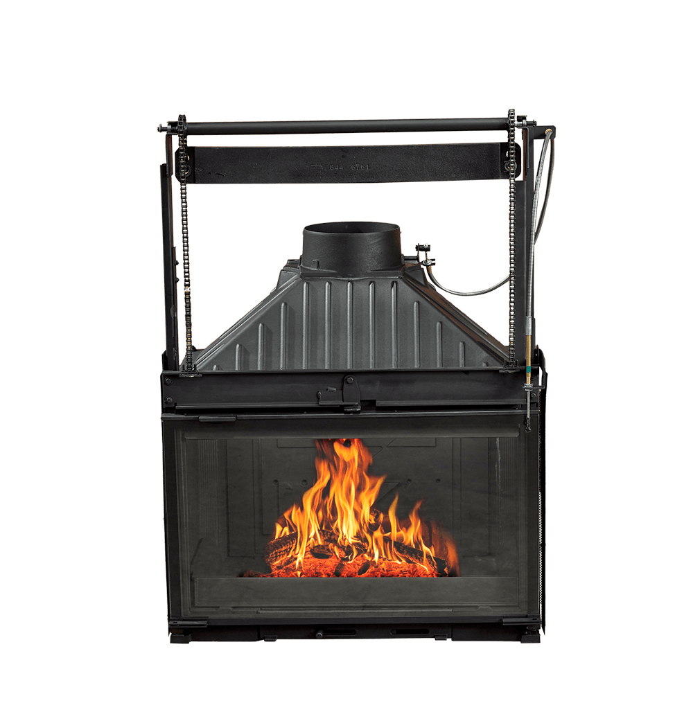 Cheminees Philippe 844 wood fireplace with dual opening door, designed to heat up to 340 sqm, showcasing modern fireplace design.