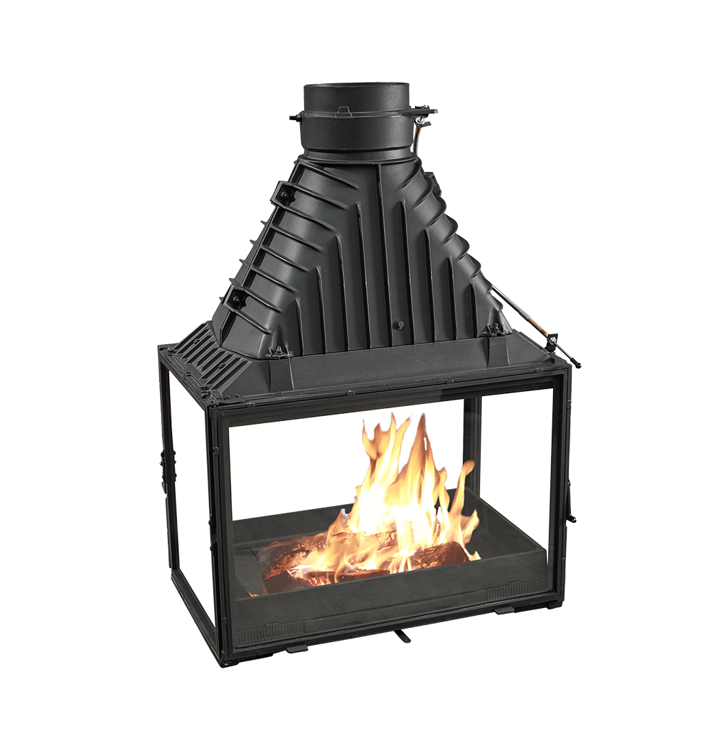Cheminees Philippe 846-4V wood fireplace with swing-opening doors on two sides, heats up to 300 sqm, modern design.
