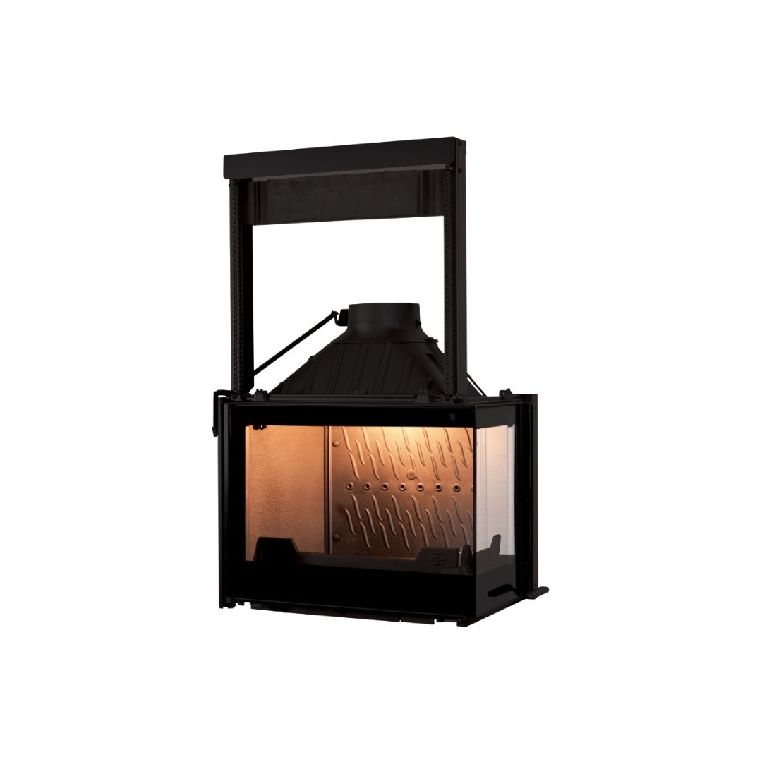 Seguin Europa 7 right glass fireplace in black line lift design, wood-burning fireplace with sleek modern style.