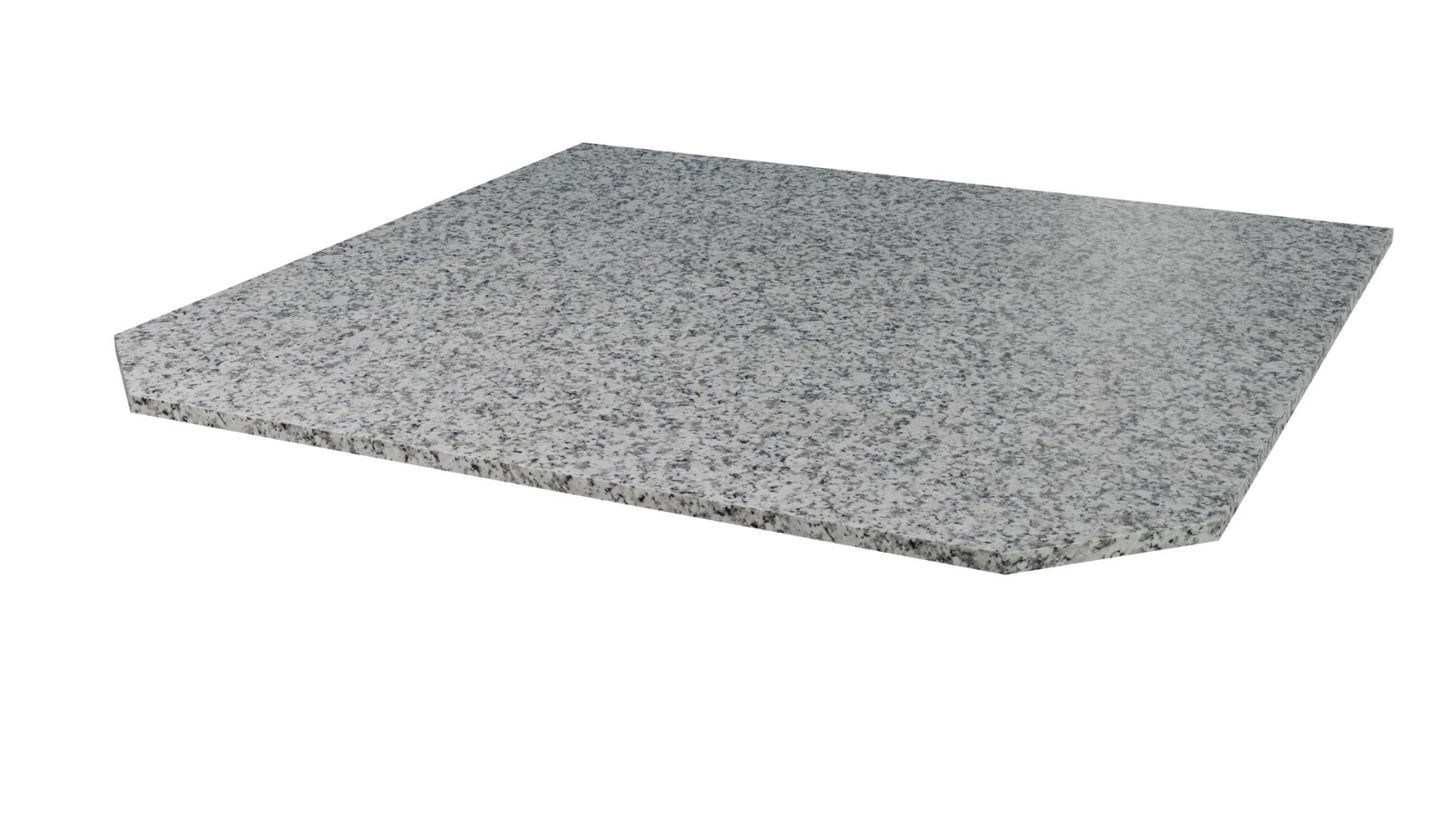 Haus Fire lunar white granite hearth, 1250x1250x20 flat wall square design, shows smooth lunar white surface and granite texture.