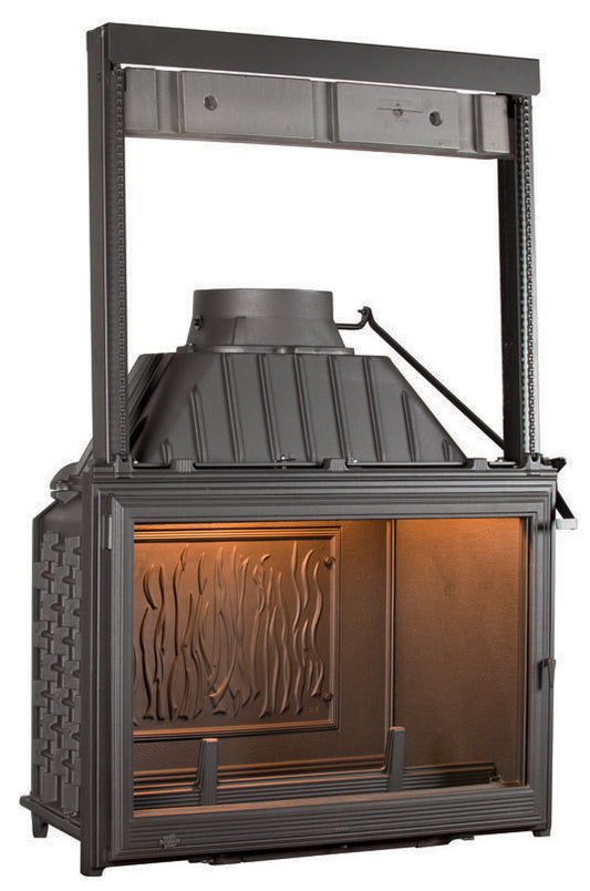 Seguin Super 9 cast iron wood fireplace with lift door, traditional design, suitable for cozy home heating.