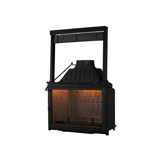 Seguin Super 9 Cast Iron Wood Fireplace with black line glass lift, showcasing the classic design and durable construction.