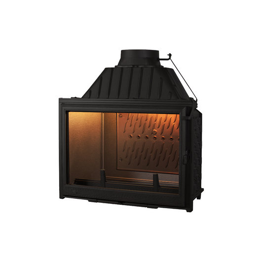 Seguin Super 9 cast iron wood fireplace with swing door, showcasing its classic design and sturdy construction for heating.