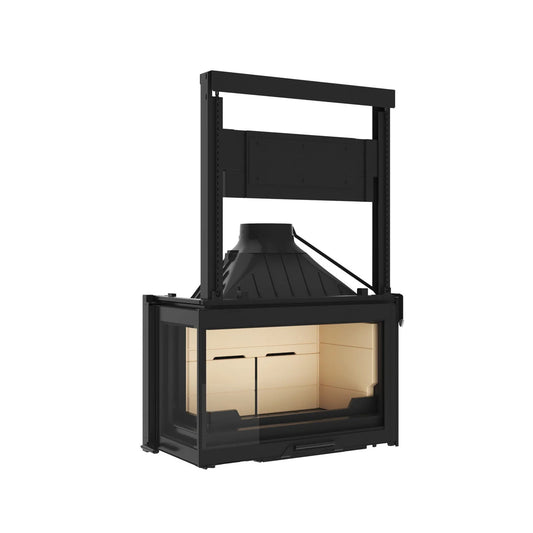 Seguin Visio 8 Plus left side glass fireplace with black line brick finish, wood-burning design, featuring lift-open glass door.