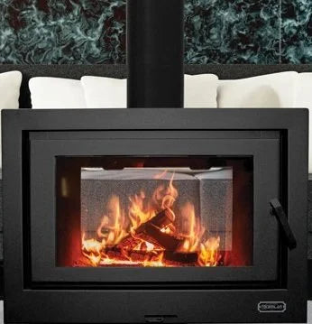 Kemlan Cube Seethrough freestanding black wood fireplace with spherical design, modern and stylish for contemporary living spaces.