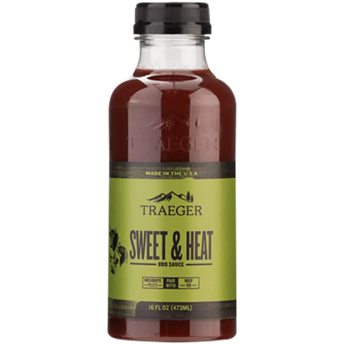 Sweet and heat BBQ sauce by Traeger in a 473 ml bottle, perfect for grilling and adding flavor to meats.