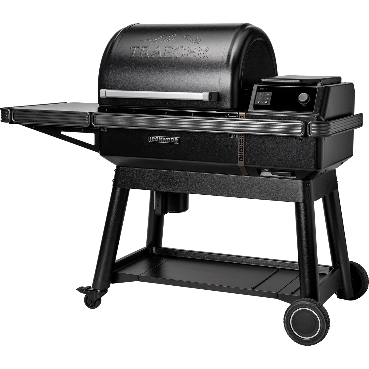 Pellet BBQ grill from Traeger Ironwood series with closed lid, showcasing a sleek black exterior and sturdy design.
