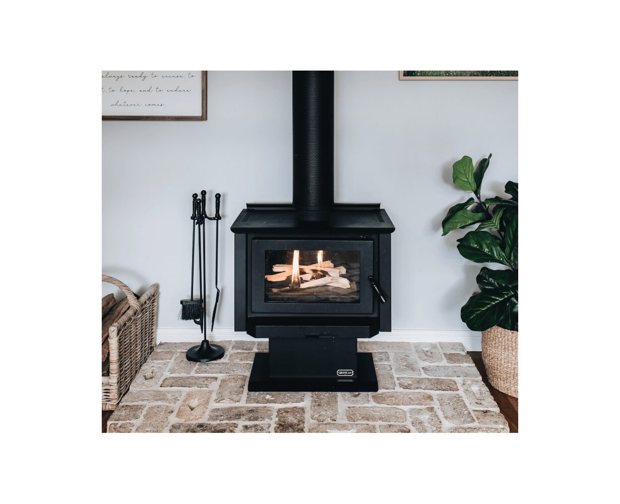 Kemlan Tempo LE #3 Version 2 wood fireplace with 6-inch legs, showcasing its modern design and clean-burning wood stove features.