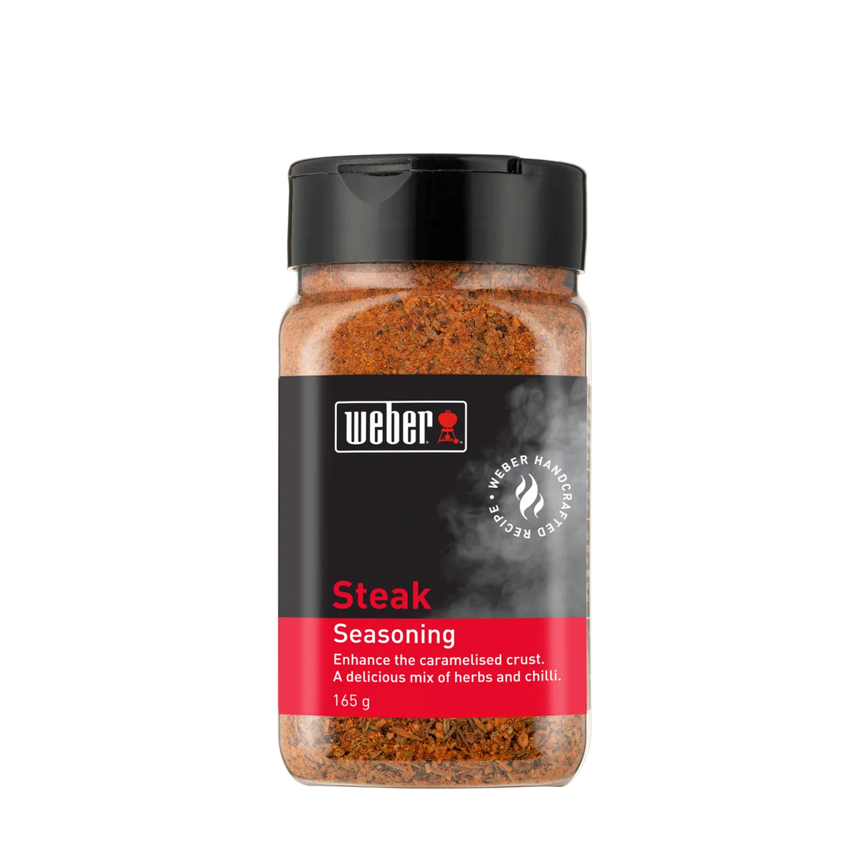 Weber Steak Seasoning rub in a jar, featuring a blend of spices and herbs, ideal for seasoning steaks and grilled meats.