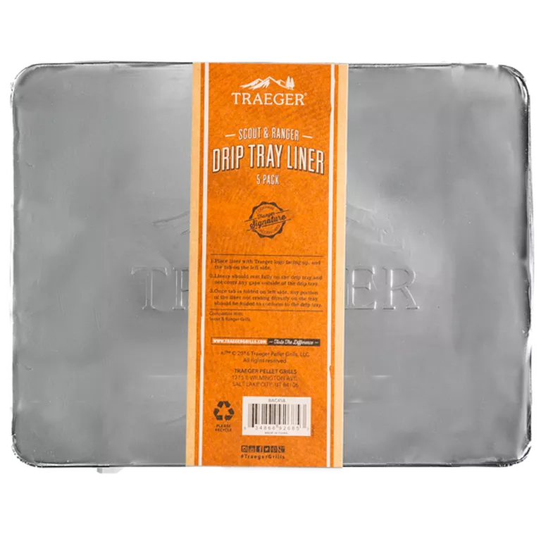 Set of five Traeger drip tray liners designed for Scout and Ranger BBQ grills, made by BBQ and Fireplace Centre.