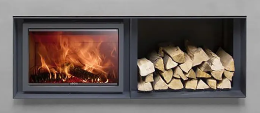 Stuv 16-D4 wood fireplace showing sleek modern design with glass doors and a spacious fire chamber for cozy heating.