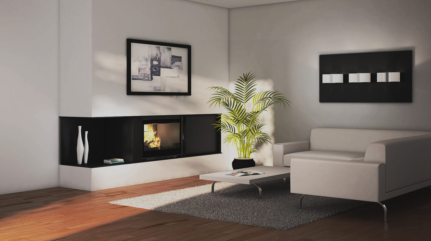 Seguin Visio 8 Plus wood fireplace with lift system in black line brick finish, showcasing modern design and fireplace features.