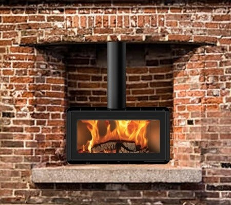 ADF Hayra V85 B freestanding wood fireplace heater with glass door, showcasing its sleek design and glass front.
