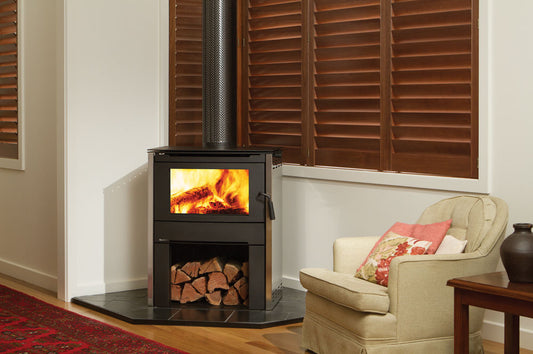 Regency Alterra F175 wood fireplace in black, showcasing a modern design and spacious fire chamber for warm, cozy heating.