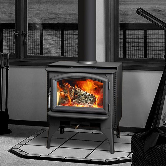 Lopi Answer 2020 wood fireplace with black legs, showcasing a modern design and clean lines in a living room setting.