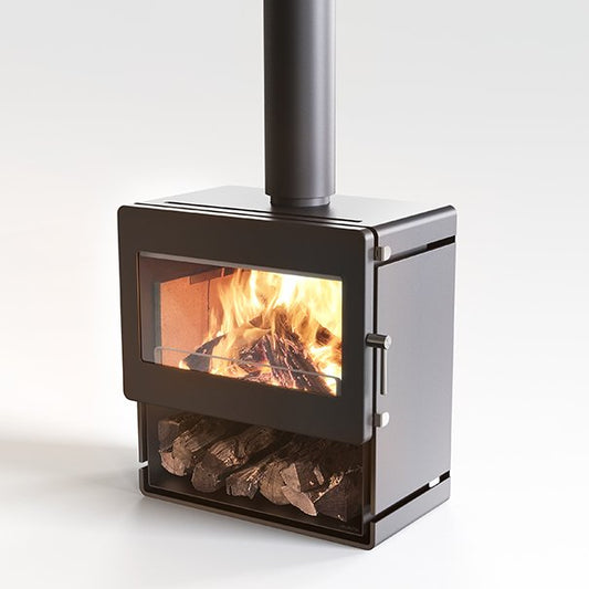 Blaze B700 Woodstacker fireplace insert with sleek black finish, designed for efficient wood burning and modern home heating.