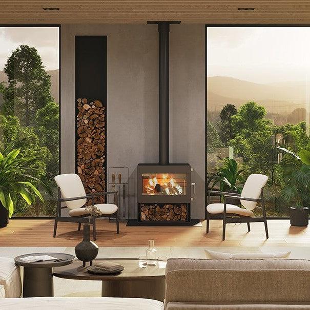 Blaze B700 Woodstacker Landscape fireplace with modern design, showcasing a wood-burning fireplace with a sleek black finish.