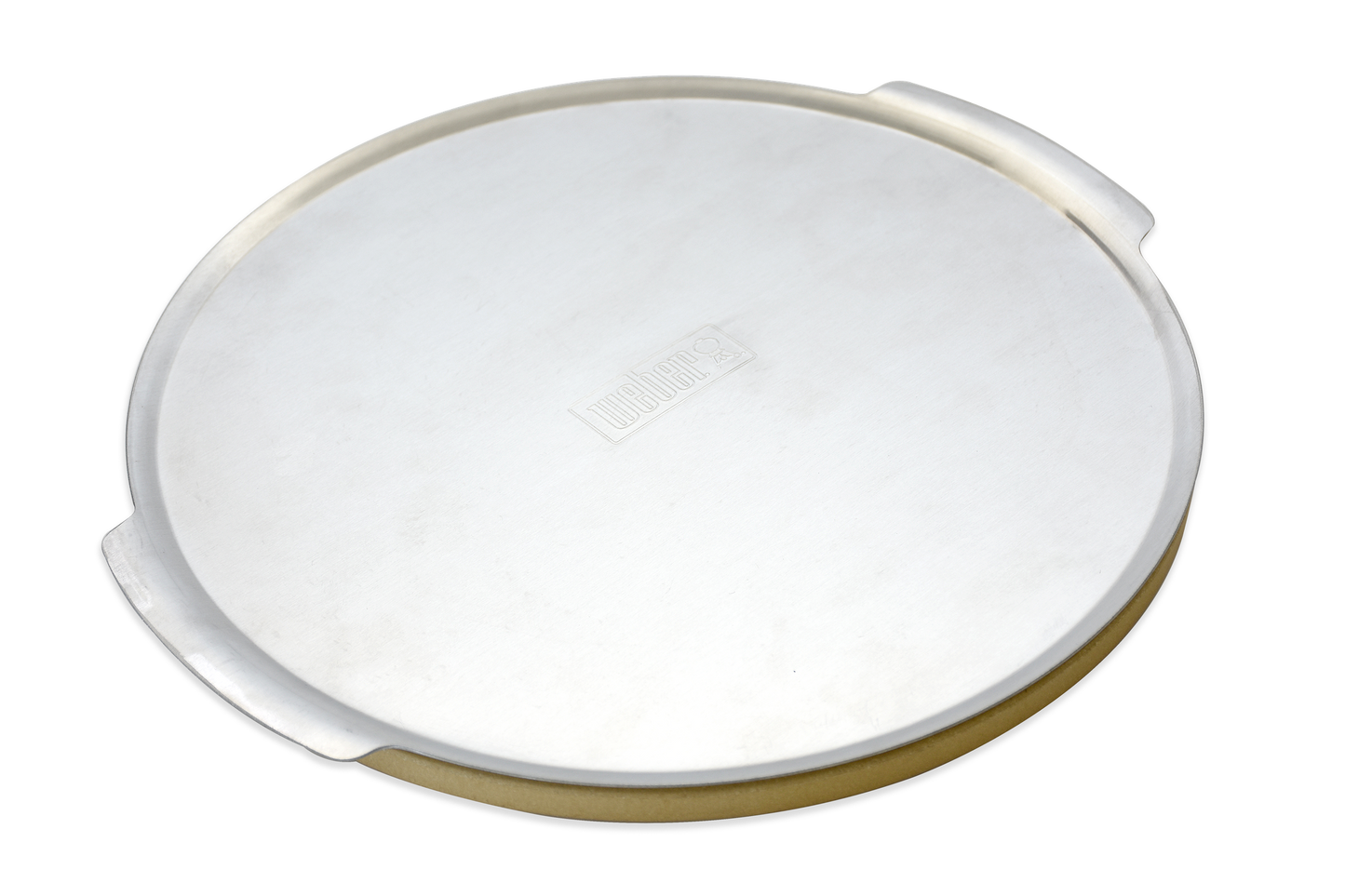 Large Weber Q pizza stone, 36.5cm diameter, designed for baking delicious homemade pizza on Weber grills.