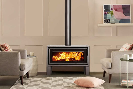 Maxiheat GEO metallic black wood fireplace with modern design, showcasing a sleek, stylish fireplace for cozy home heating.