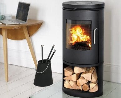 Morso 6143 freestanding wood fireplace with cast iron construction and glass door, designed for cozy home heating.