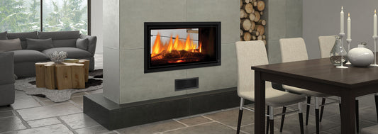 Regency Mansfield L850BST wood fire fireplace in black with a modern design and large viewing window for cozy heating.