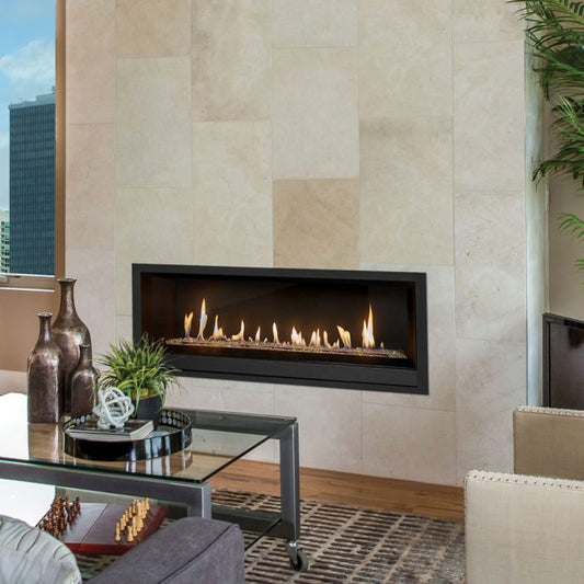 Lopi Probuilder 42-inch gas fireplace with a sleek linear design and glass front, suitable for modern living spaces.