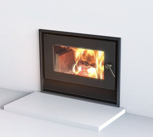 Blaze B820 wood fireplace with built-in remote control, showcasing a modern design with a glass front and realistic fire display.