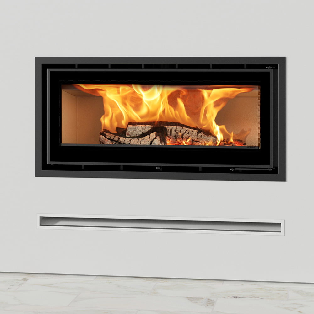 Castworks ADF Linea 100 wood insert fireplace with sleek design and glass front, ideal for modern home heating.
