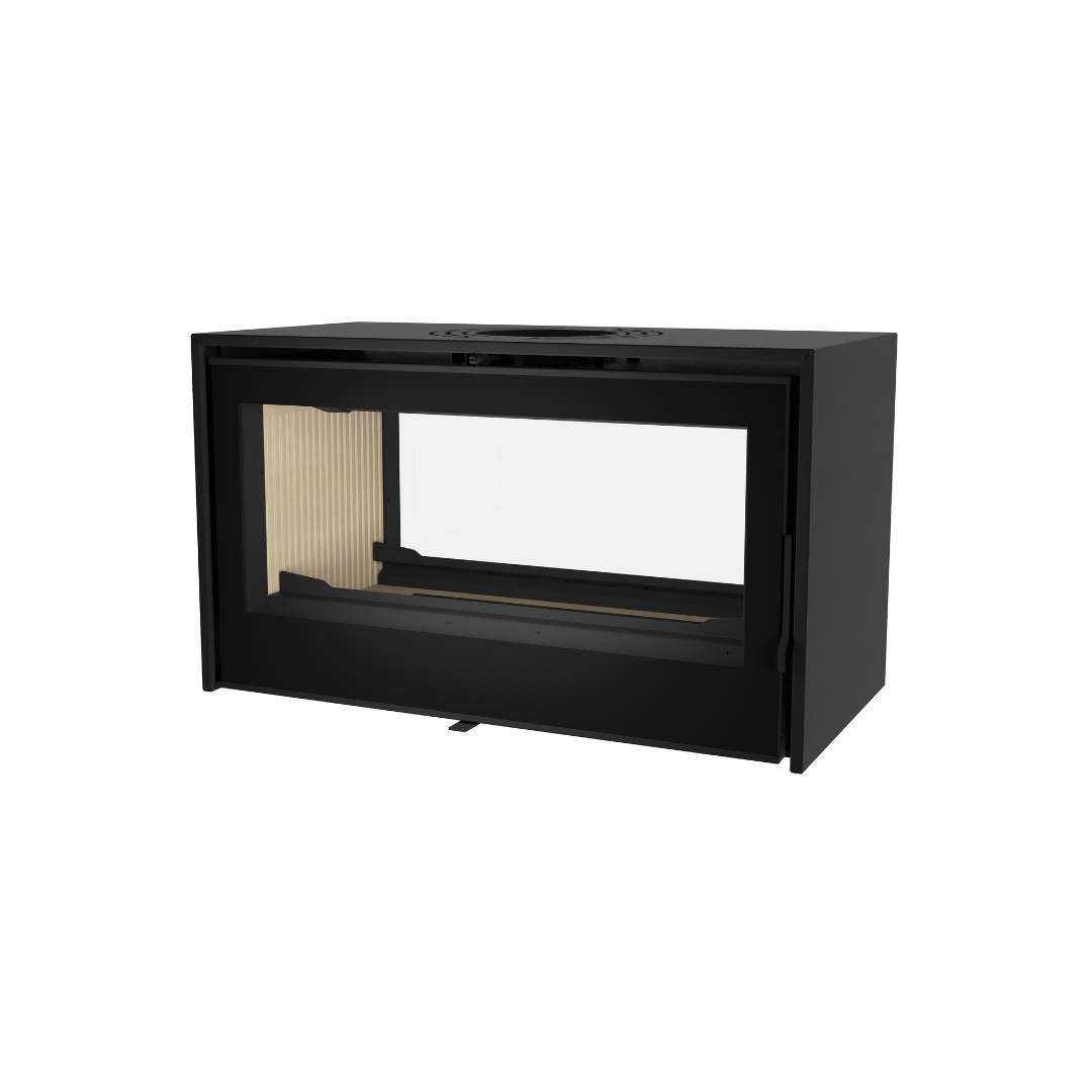 Black Axis I1000 double-sided freestanding wood fireplace with glass panels and modern design.