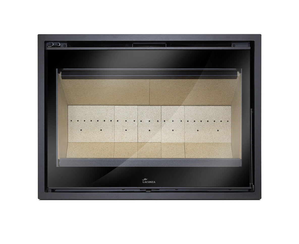 Lacunza Loire 800 F/S wood fireplace with glass doors and black metal finish, suitable for indoor heating and home ambiance.