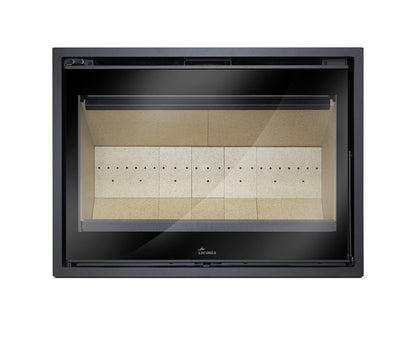 Lacunza Loire 800 F/S wood fireplace with glass doors and black metal finish, suitable for indoor heating and home ambiance.