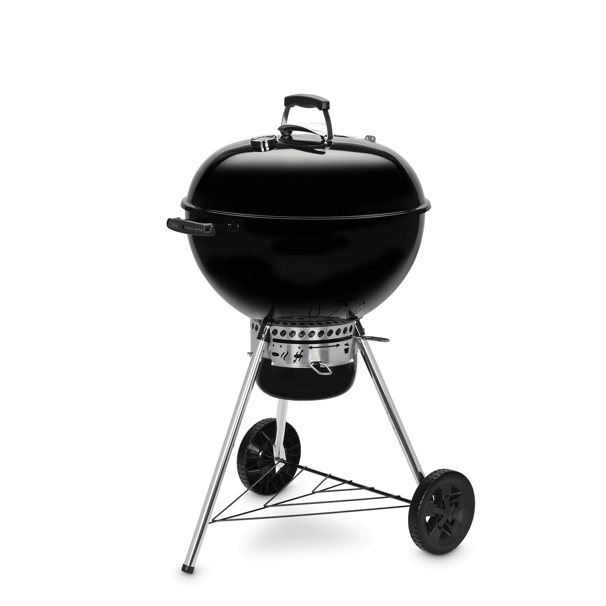 Black Weber Original Kettle 57cm charcoal grill with lid and vent, perfect for outdoor barbecuing and grilling.